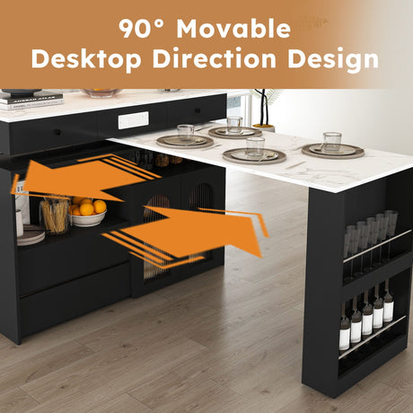 Kitchen Island With Extendable Rotating Table, 4 Drawers & Glass Door Cabinets, Built In Socket - Black HouseOfZazla