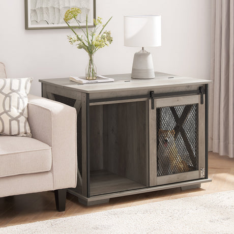 Farmhouse Dog Cage Crate Furniture with Sliding Barn Door HouseOfZazla