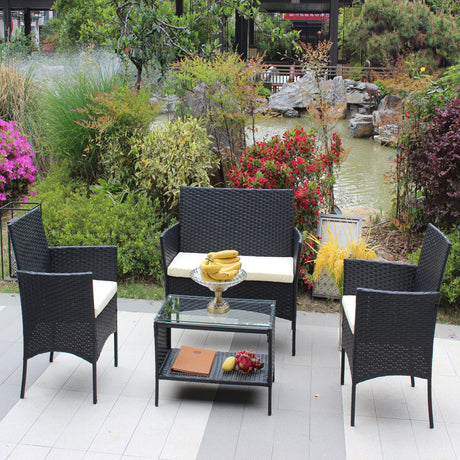 4 PC Rattan Patio Furniture Set Outdoor Cushioned Wicker Sofa HouseOfZazla