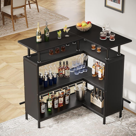 L Shaped Home Mini Bar Table With 2 Tier Shelves & Glass Racks - Black HouseOfZazla