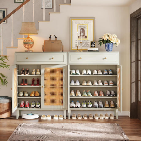 Shoe Cabinet With Rattan Doors And Drawer, 4 Tier Storage Organizer - Mint Green HouseOfZazla