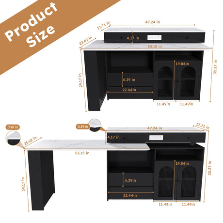 Kitchen Island With Extendable Rotating Table, 4 Drawers & Glass Door Cabinets, Built In Socket - Black HouseOfZazla