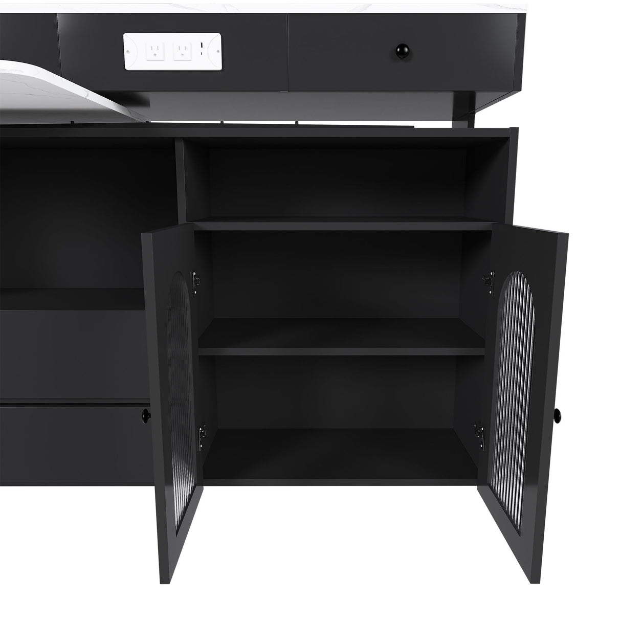 Kitchen Island With Extendable Rotating Table, 4 Drawers & Glass Door Cabinets, Built In Socket - Black