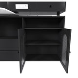 Kitchen Island With Extendable Rotating Table, 4 Drawers & Glass Door Cabinets, Built In Socket - Black