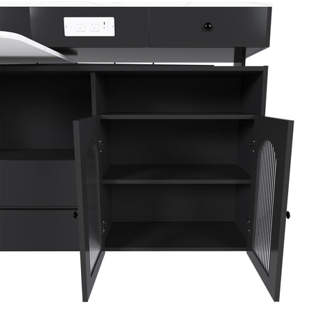 Kitchen Island With Extendable Rotating Table, 4 Drawers & Glass Door Cabinets, Built In Socket - Black HouseOfZazla