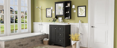 Bathroom Vanity With Sink, Modern Elegant Bathroom Storage Cabinet With 3 Drawers And Adjustable Shelves, Freestanding Vanity Set With Mirror Cabinet, Single Sink Bathroom Vanity HouseOfZazla
