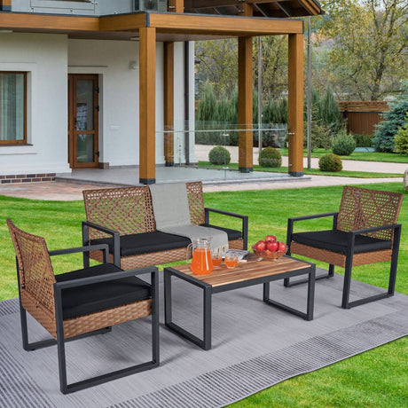 4 Piece Patio Furniture Set With Acacia Wood Table Top And Cushions HouseOfZazla