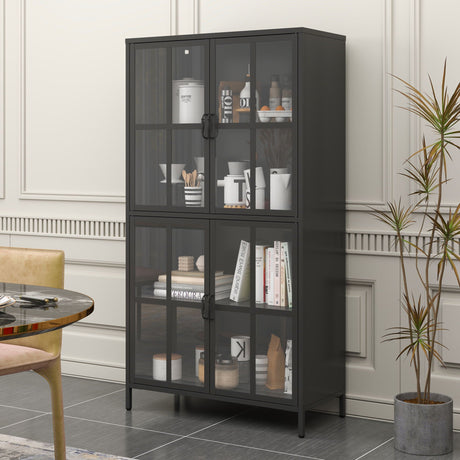 Premium Metal Storage Cabinet With Tempered Glass Doors, Adjustable Shelves, And Anti Tipping Device - Black HouseOfZazla