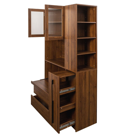 Tall Kitchen Pantry Cabinet With 4 Tier Side Shelf, 2 Drawers, Freestanding Food Hutch With Microwave Stand For Dining Room - Walnut HouseOfZazla