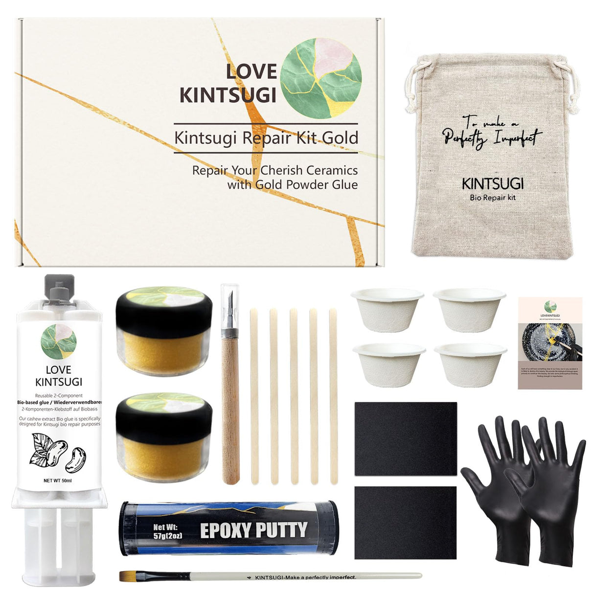 Bio Kintsugi Repair Kit, Natural Bio Kintsugi Kit Repair Your Meaningful Pottery with Gold Glue, Dishwasher Safe, Food Safe, KINTSUGI Pottery Repair for Starter MUFUN