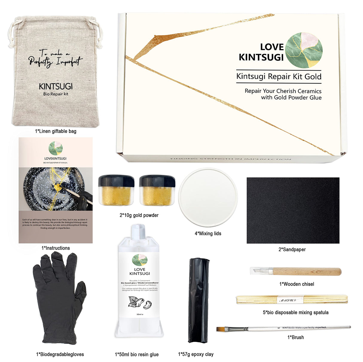 Bio Kintsugi Repair Kit, Natural Bio Kintsugi Kit Repair Your Meaningful Pottery with Gold Glue, Dishwasher Safe, Food Safe, KINTSUGI Pottery Repair for Starter MUFUN