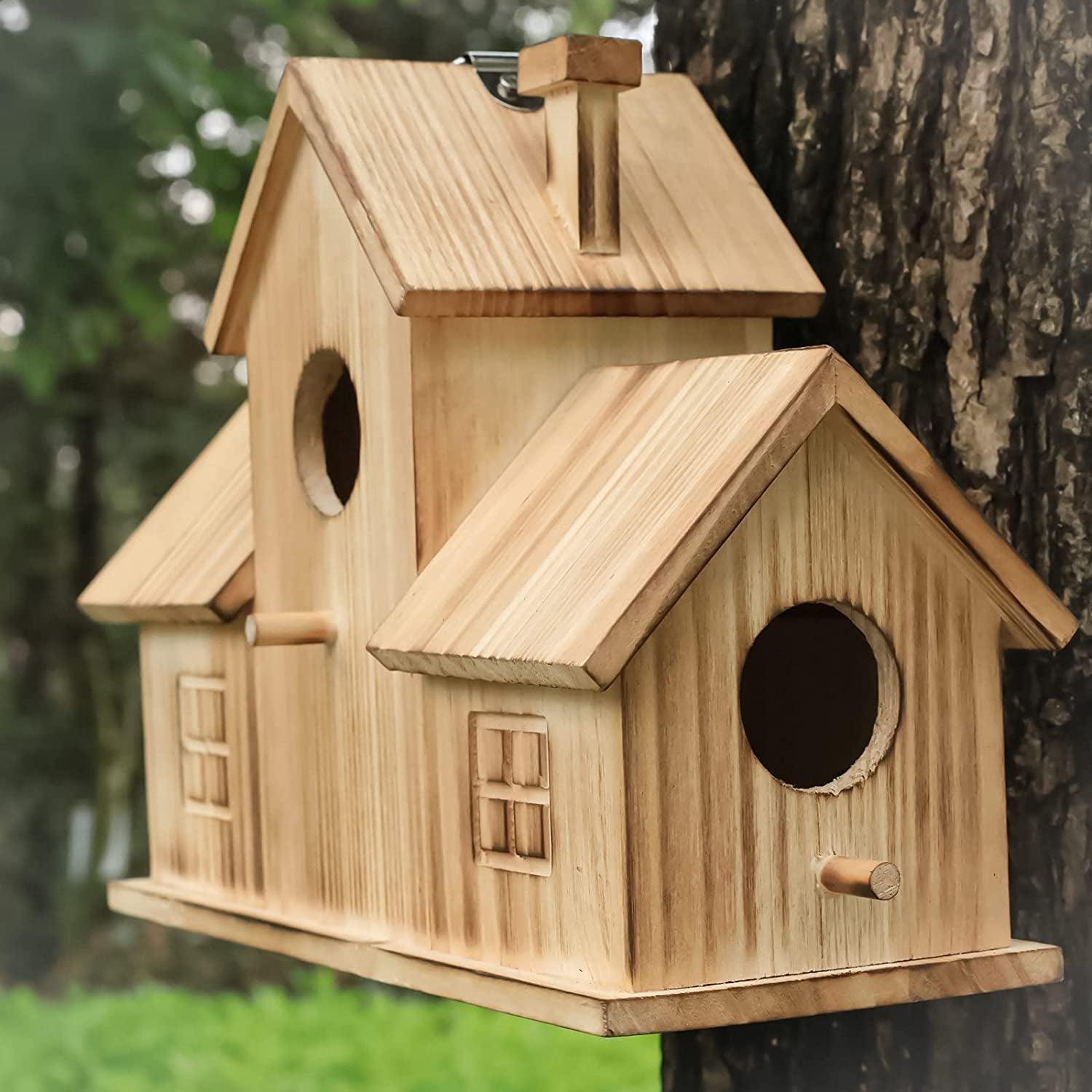 Bird Houses for Outside 3 Hole Bird House Room for 3 Bird Families Hanging Birdhouse for Garden - WoodArtSupply