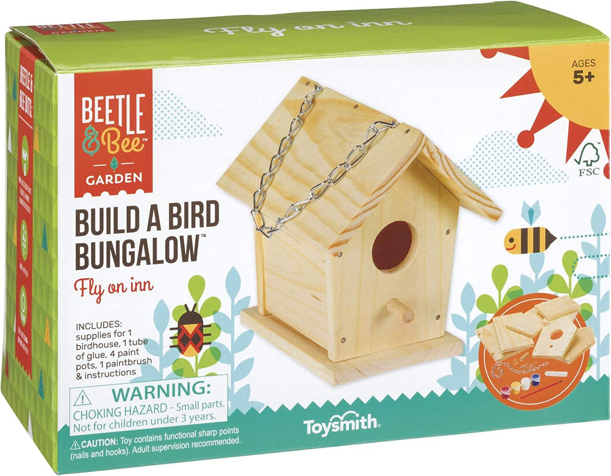 Build a Bird Bungalow DIY Kid Art Craft Outdoor Kit, 6" X 4" X 6" 4 Paints, 1 Brush, 7 Wooden Chain WoodArtSupply