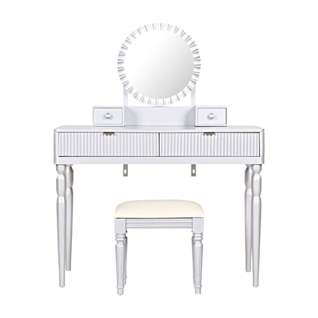 Luxury Vanity Desk With Round Mirror Height Adjustable Dressing Table Set Engineered Wood - Silver HouseOfZazla