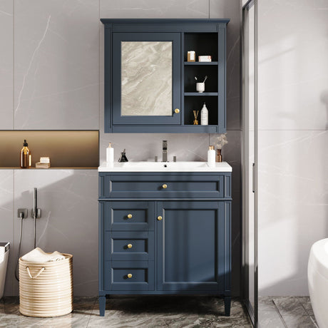 Bathroom Vanity With Medicine Cabinet, Royal Mirror Cabinet, Modern Bathroom Storage Cabinet With 2 Soft Closing Doors And 4 Drawers HouseOfZazla