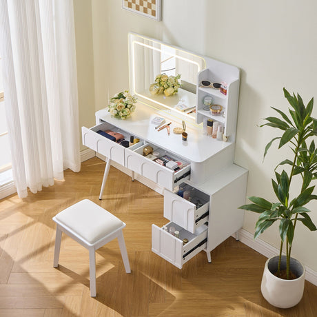 Modern Makeup Vanity Desk With LED Lights & Mirror 4 Drawer Dressing Table Set Space Saving For Bedroom - White HouseOfZazla