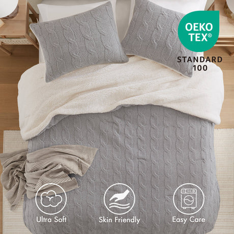 3 Pieces Full/Queen Cable Knit Chenille Comforter Set Gray HouseOfZazla