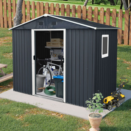 8Ft X 4Ft Outdoor Metal Storage Shed With Window And Metal Foundation For Backyard, Patio, Lawn HouseOfZazla