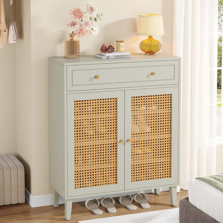 Shoe Cabinet With Rattan Doors And Drawer, 4 Tier Storage Organizer - Mint Green HouseOfZazla