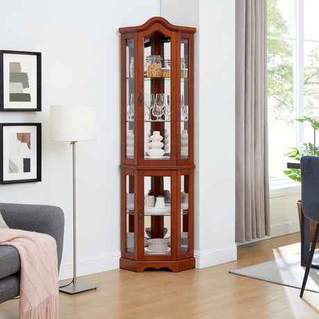 Corner Curio Cabinet With Lights, Adjustable Shelves, Mirrored Back - Walnut HouseOfZazla