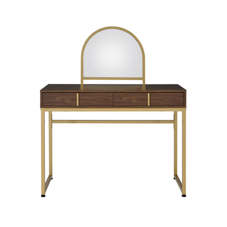 Coleen Walnut & Gold Finish Vanity Desk with Mirror & Jewelry Tray HouseOfZazla