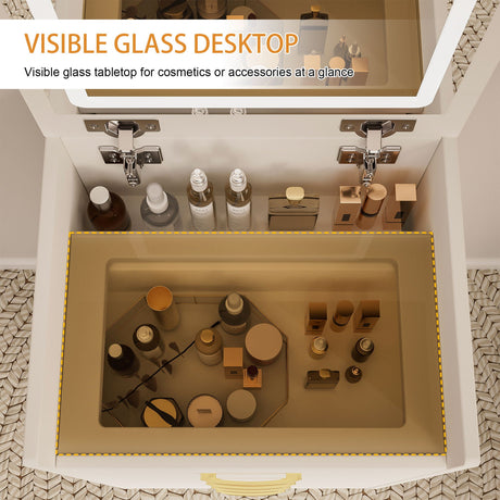 Compact 3 In 1 Vanity Desk With Open Top Mirror, Glass Desktop, 5 Height - White HouseOfZazla