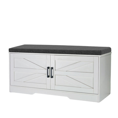 2 Tier Shoe Bench With Padded Seat, 2 Barn Doors And Adjustable Shelves, For Entryway And Living Room - White HouseOfZazla