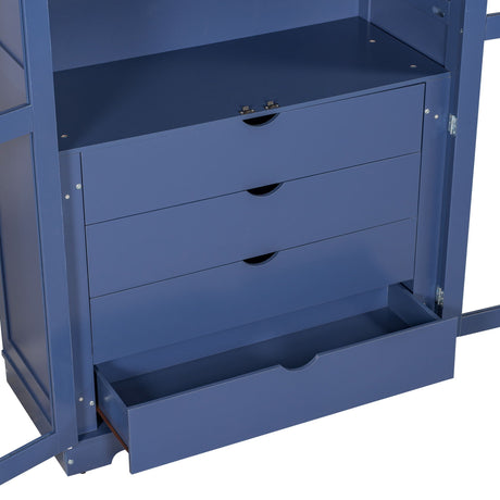 Kitchen Pantry, Freestanding Kitchen Storage Cabinet Display Cabinet With Glass Doors And 4 Built In Drawers For Living Room, Home Office - Blue HouseOfZazla
