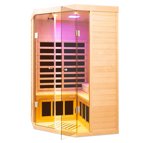 Deluxe Hemlock Far Infrared Corner Sauna Room with Glass Front for Two Persons HouseOfZazla