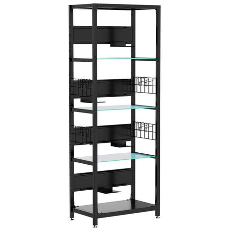 4 Tier Display Shelf With RGB Lights, LED Lighted Curio Cabinet With Adjustable Storage Box & Hooks - Black HouseOfZazla