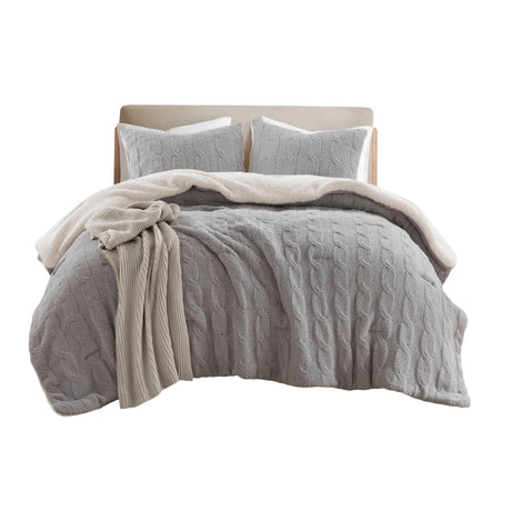 3 Pieces Full/Queen Cable Knit Chenille Comforter Set Gray HouseOfZazla