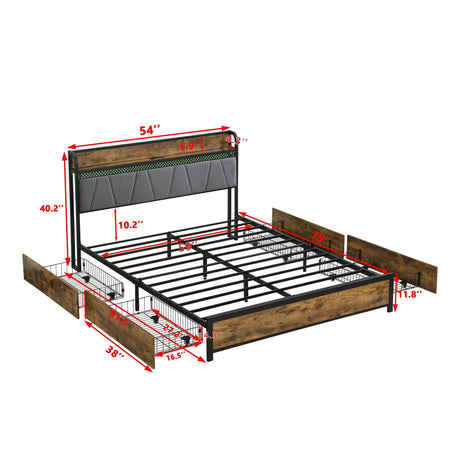 Contemporary Bed Frame With Storage Headboard, Charging Station, LED Lights HouseOfZazla