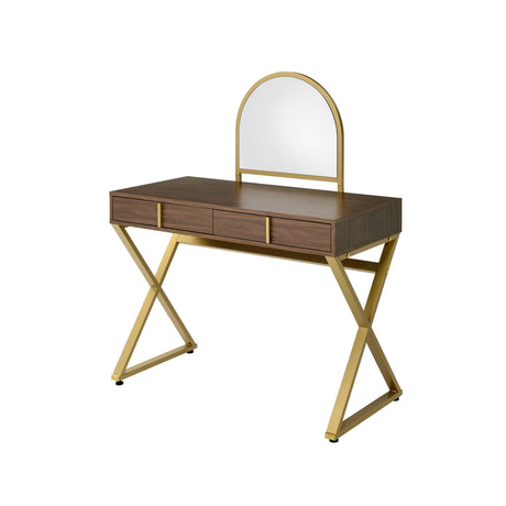 Coleen Walnut & Gold Finish Vanity Desk with Mirror & Jewelry Tray HouseOfZazla