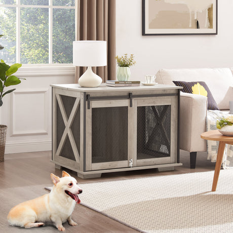 Farmhouse Dog Cage Crate Furniture with Sliding Barn Door HouseOfZazla