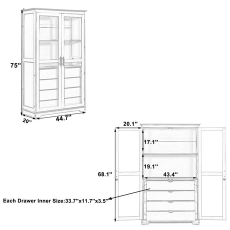 Kitchen Pantry, Freestanding Kitchen Storage Cabinet Display Cabinet With Glass Doors And 4 Built In Drawers For Living Room, Home Office - Blue HouseOfZazla