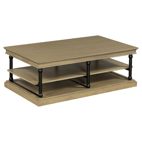 55.1' Wood Coffee Table with Black Legs and Open Storage Shelves HouseOfZazla