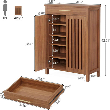 5 Tier Shoe Cabinet With Louvered Doors And Drawer, Freestanding Organizer With Adjustable Shelves For Entryway - Brown HouseOfZazla