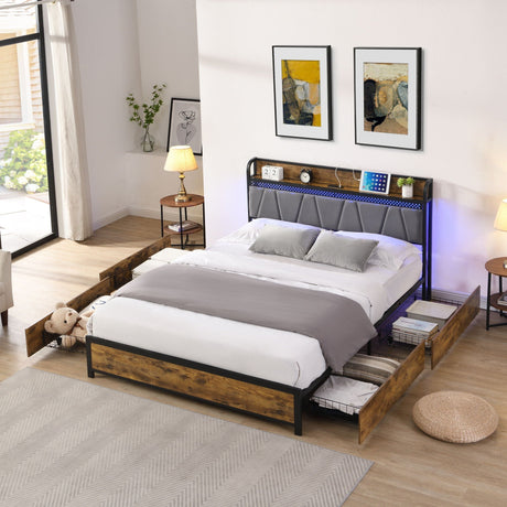 Contemporary Bed Frame With Storage Headboard, Charging Station, LED Lights HouseOfZazla