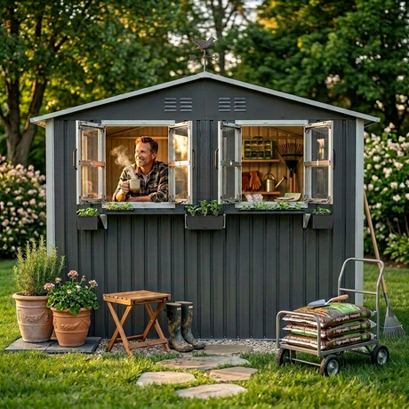 6x9 FT Outdoor Metal Storage Shed with Window & Flower Rack HouseOfZazla