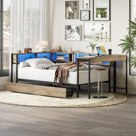 Corner Bed Frame Twin Size With Bookcase And 2 Underbed Storage Drawers, Modern Twin Bed With LED Light And Charging Station, Modern Daybed Reversible Left Or Right - Gray HouseOfZazla