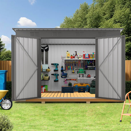 Outdoor Storage Shed, Tool House With Sloping Roof, 6 Vents And 2 Swing Doors For Backyard - Gray HouseOfZazla