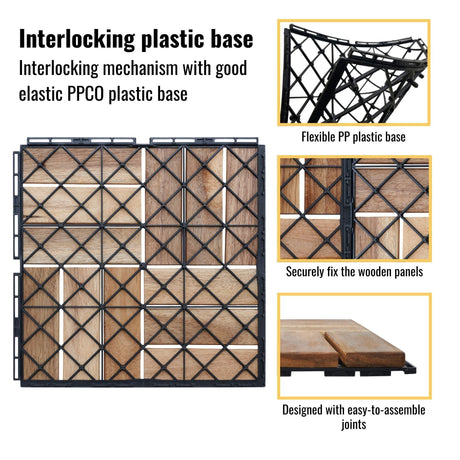 Interlocking Deck Tiles Checker Pattern, Square Acacia Hardwood Outdoor Flooring For Patio, Bancony, Pool Side HouseOfZazla
