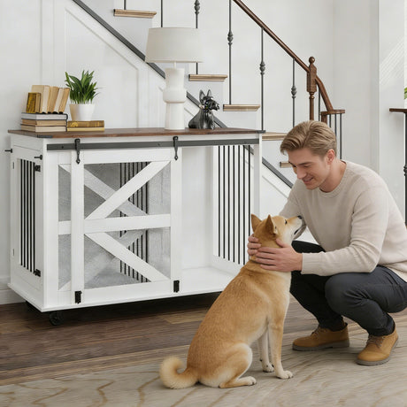 Mobile Dog Crate With Flip Top Feeding Door, Dual Access & 5 Caster System (2 Locking) - Brown White HouseOfZazla