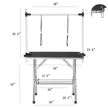 Professional Dog Pet Grooming Table Adjustable Heavy Duty Portable With Arm & Noose & Mesh Tray - Black HouseOfZazla