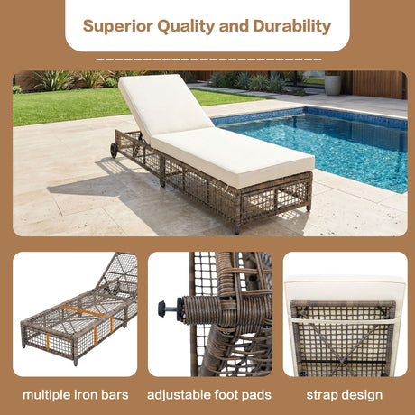 Outdoor Lounge Chair With 5 Position Backrest With Cushion And Wheels HouseOfZazla