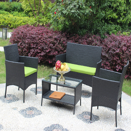 4 PC Rattan Patio Furniture Set Outdoor Cushioned Wicker Sofa Green Cushion HouseOfZazla