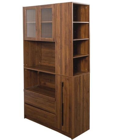 Tall Kitchen Pantry Cabinet With 4 Tier Side Shelf, 2 Drawers, Freestanding Food Hutch With Microwave Stand For Dining Room - Walnut HouseOfZazla