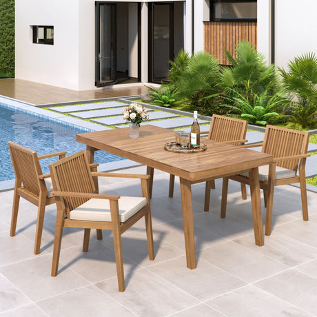 5 Piece Patio Furniture Set Acacia Wood Table And 4 Heavy Duty Cushioned Chairs HouseOfZazla