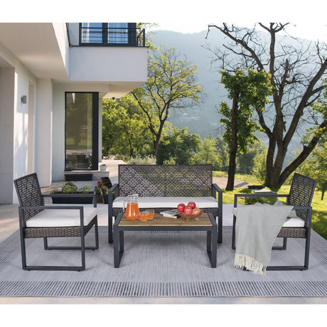 4 Piece Patio Furniture Set With Acacia Wood Table Top And Cushions HouseOfZazla