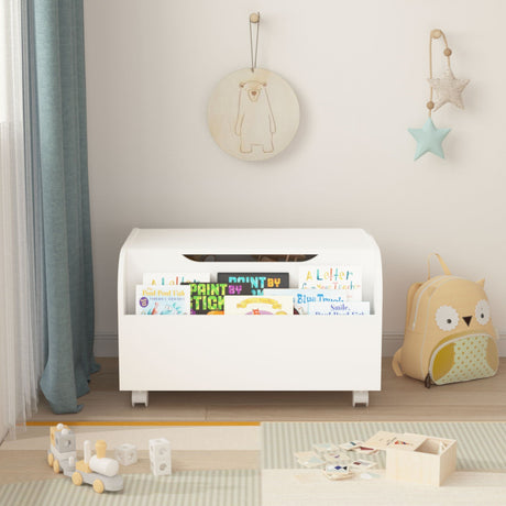 Toy Box With 4 Universal Wheels, Kids Playroom Storage Organizer With Front Bookshelf, Flip Top Lid, Safety Hinge - White HouseOfZazla